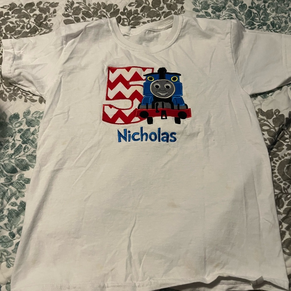 Gildan White Tee with Blue and Red Train Design